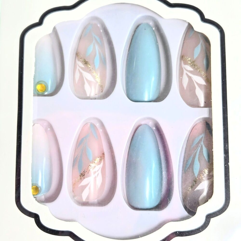 PRESS-ON NAILS Professional False Nail 24 Almond Shape Blue/Pink/White/Gold NEW